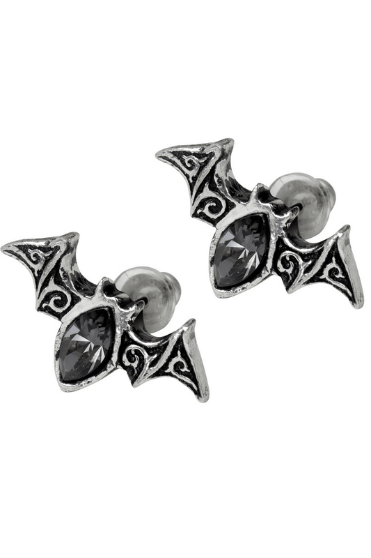 Gothic Bat Stud Earrings with Black Diamond Crystal
