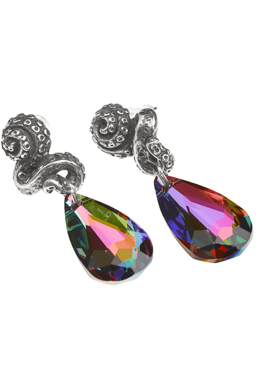 Kraken Tentacle Earrings with Rainbow Crystal Drop