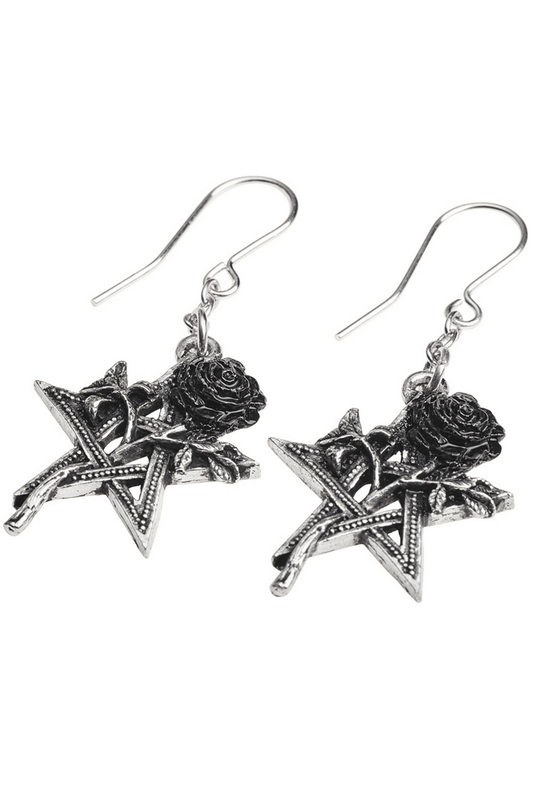 Pentagram and Black Rose Earrings with Pewter Detailing